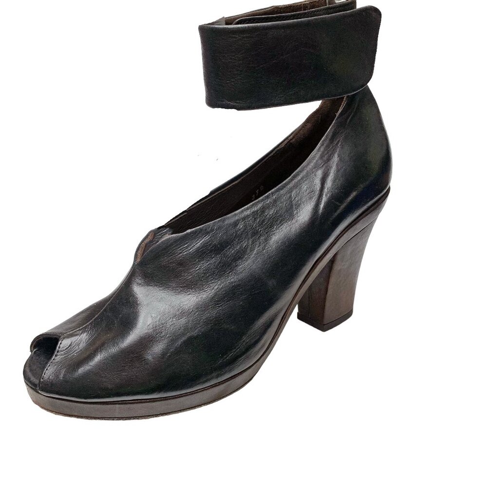 Coclico 24765 Black Leather Peep Toe Ankle Wrap‎ Heels